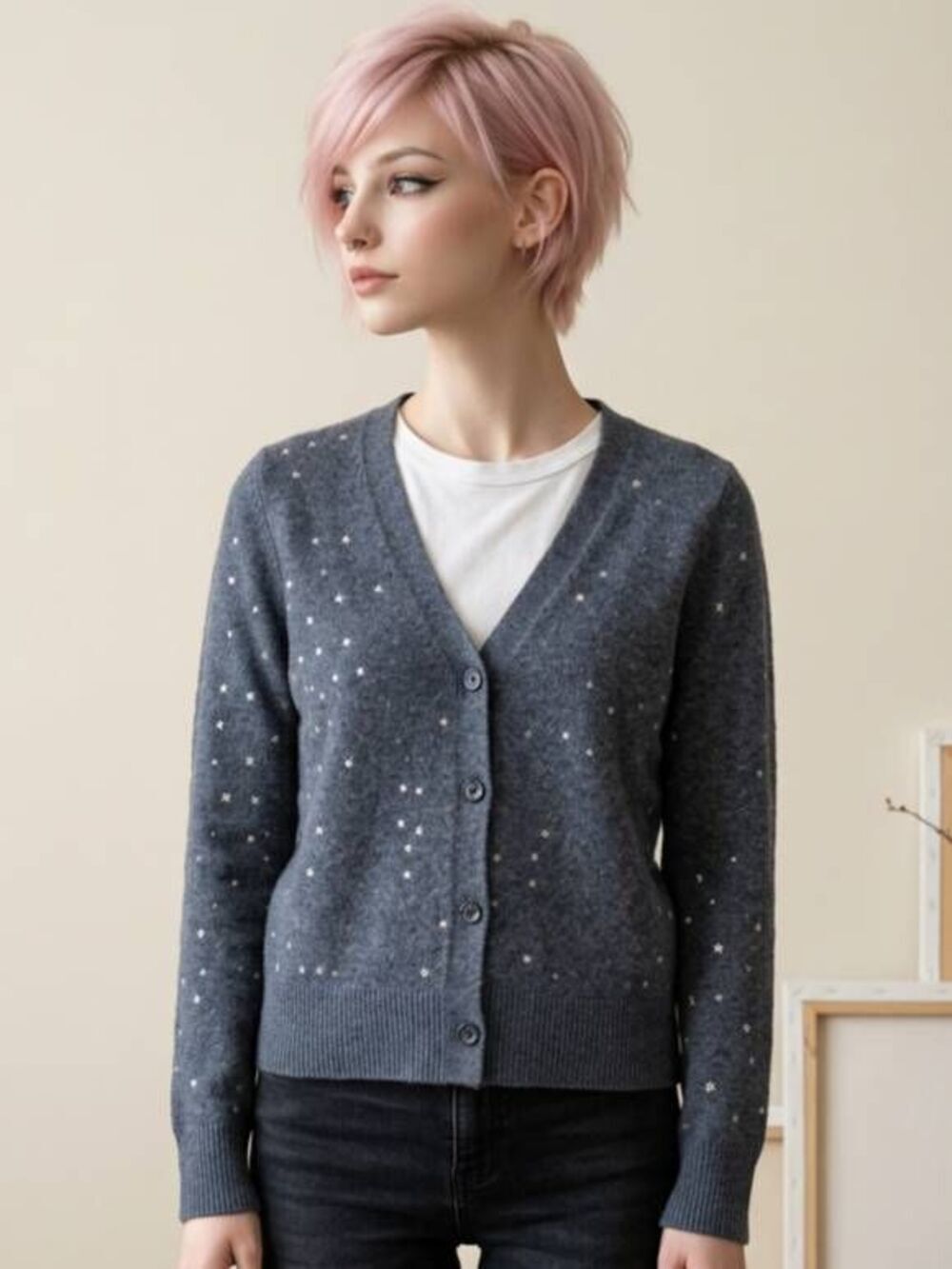 🔺️Loft Gray Star Sequined Knit Buttoned Vneck Cardigan Sweater Medium